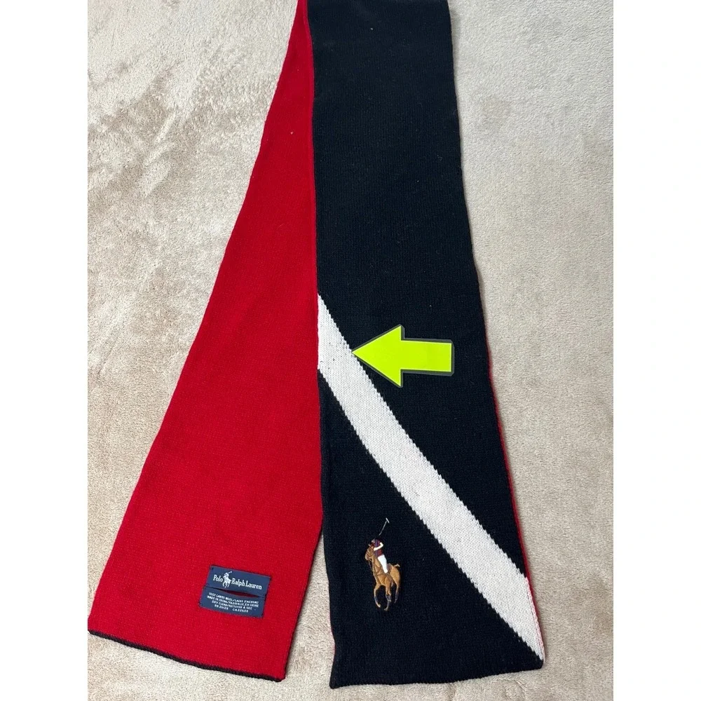 Polo Ralph Lauren Scarf Black Red Cream Lambswool Reversible Pony
